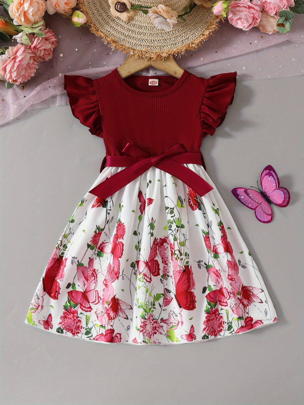 Girls' Cute Butterfly & Floral Print Princess Dress - 5 Styles Random