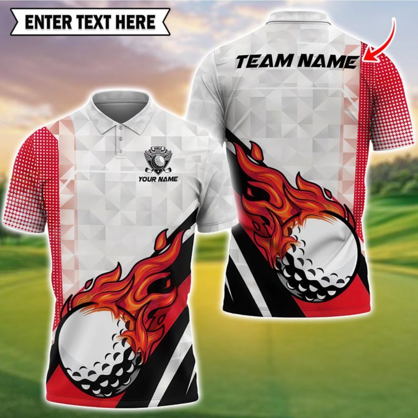 Men's Custom Golf Shirt - Blue & Black Flame with Golf Ball Accent