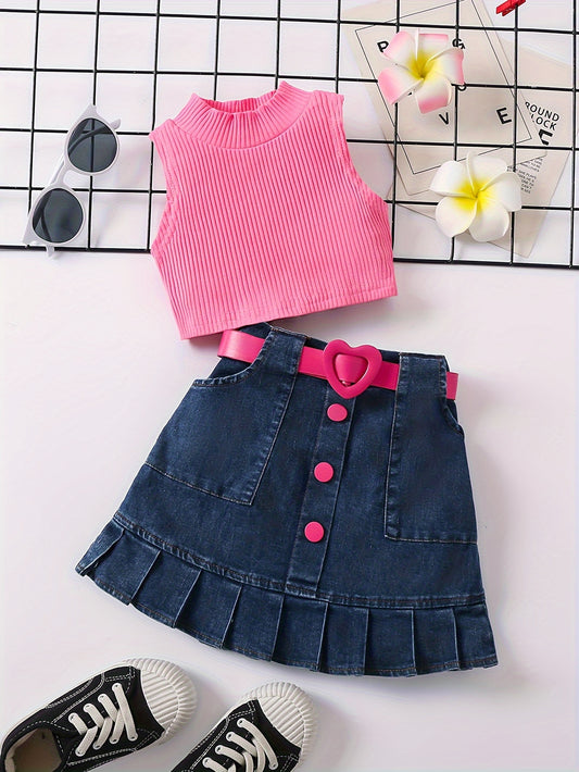 2pcs Toddler Girls Summer Outfit - Skirt Sets with Turtleneck Ribbed Knit Tank Top, Ruffled Hem Pleated Button Belted Denim Skirt, K-pop Inspired, Kids Clothing for Summer Season