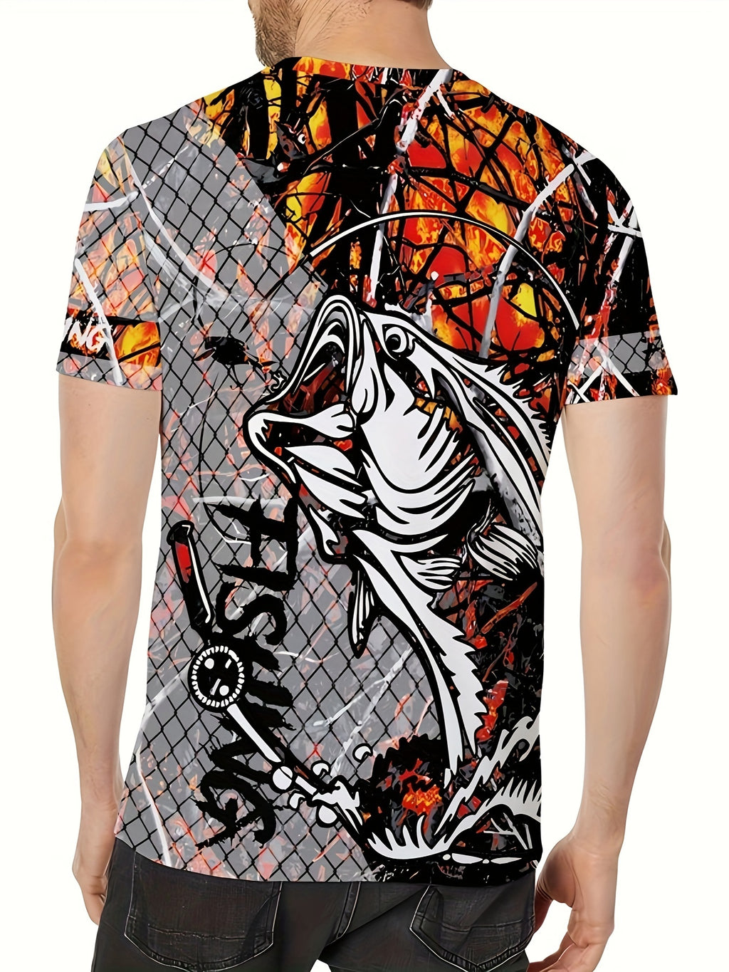Men's Fashion Casual Crew Neck 3D Fishing Print T-Shirt, 100% Polyester Knit Fabric, Casual Style with Slight Stretch, Regular Fit Animal Pattern Tee