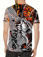 Men's Fashion Casual Crew Neck 3D Fishing Print T-Shirt, 100% Polyester Knit Fabric, Casual Style with Slight Stretch, Regular Fit Animal Pattern Tee