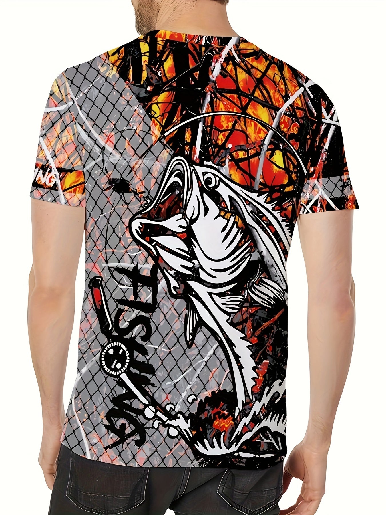 Men's Fashion Casual Crew Neck 3D Fishing Print T-Shirt, 100% Polyester Knit Fabric, Casual Style with Slight Stretch, Regular Fit Animal Pattern Tee