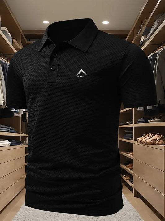 KWAY Men'S Breathable Summer Shirt - Lightweight Stretch Fabric, Solid Color with Contrast Collar & Chest Logo, Quick-Dry Golf & Business Casual Short Sleeve Top for Casual Attire, Breathable Summer Shirt, Golf Apparel, Sleek