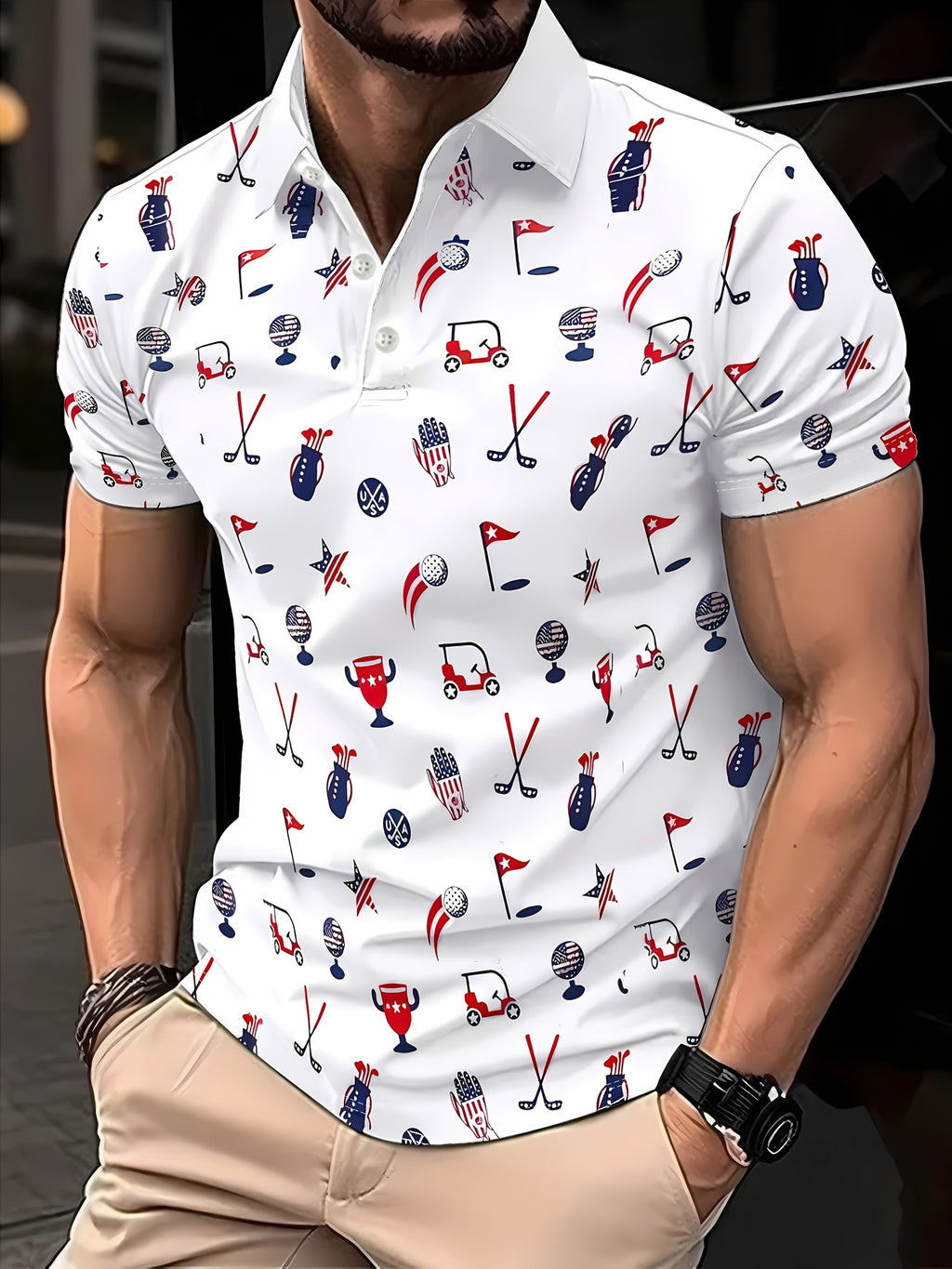 Men's Short-Sleeve Polo Shirt - Geometric Pattern Casual