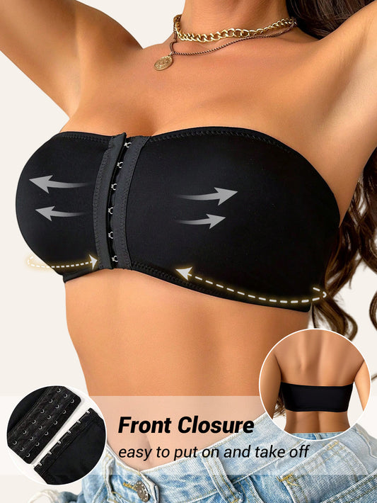 Women's Strapless T-Shirt Bra – Front Clasp & 6-Row Zipper, Seamless, No Underwire, Removable Pads, High-Elastic Soft Pink – Full Coverage for Yoga, Gym & Casual Wear