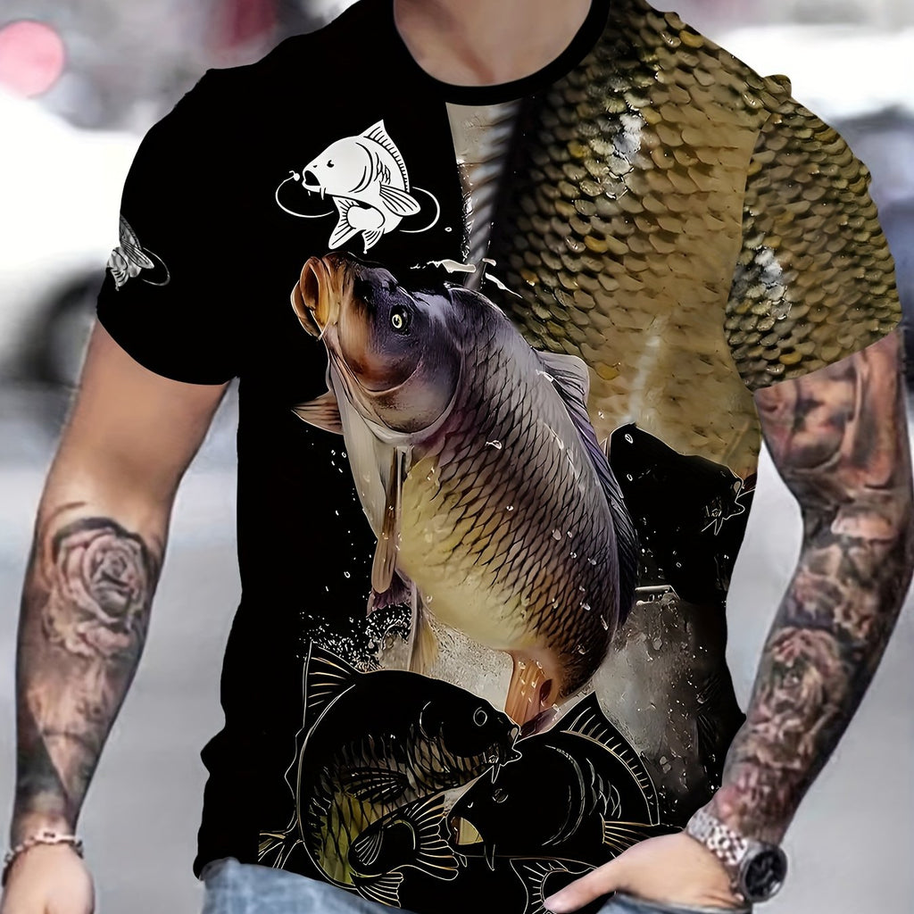 Men's 3D Fish Graphic T-Shirt - Black with Golden & White Fish