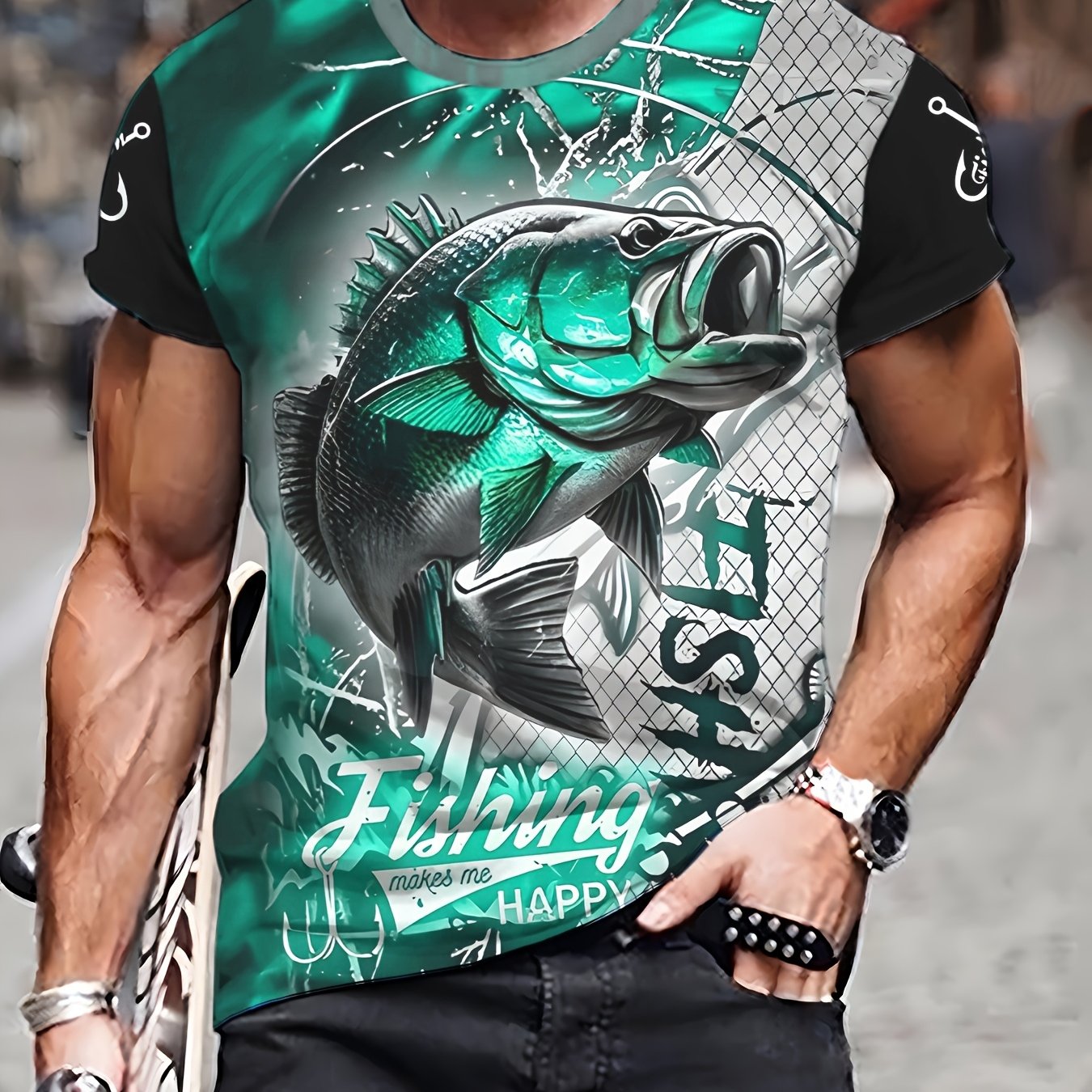 Men'S 3D Printed Fish T-Shirt | Suitable for Summer Outdoor Activities, Fishing, and Cycling | Crew Neck, Regular Fit, Slight Stretch Fabric