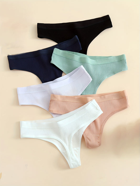 6pcs Seamless Ribbed Sports Thong Panties - Ultra Breathable, Comfortable, Soft Cotton Intimates for Women - Everyday Lingerie & Underwear Essentials for Active Ladies