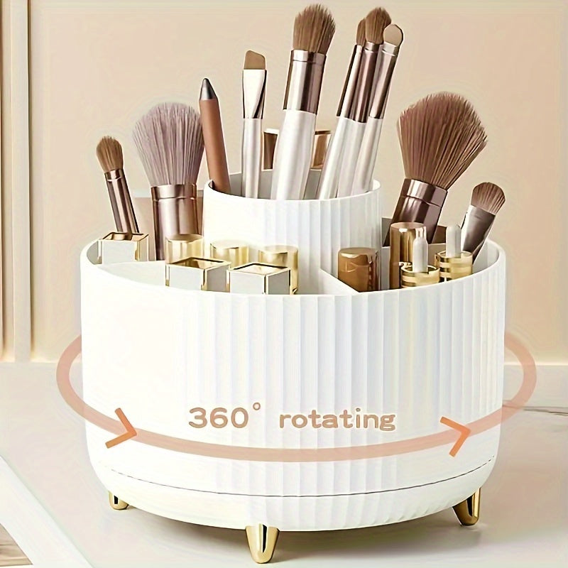 [5-Tier Rotating Organizer] 1pc ABERZEY 360° Rotating Makeup Organizer with 5-Tier Compartments - 360° Spinning Cosmetic & Desk Caddy, Durable Plastic White & Luxury Stripe Storage for Brushes, Lipsticks, Skincare, Statione - The Superior Findings Depot