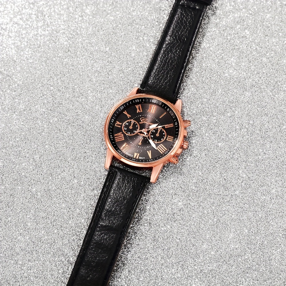 3pcs Fashionable And Simple Roman Watch Round Quartz Watch PU Leather Wrist Ideal Choice for Gifts - The Superior Findings Depot