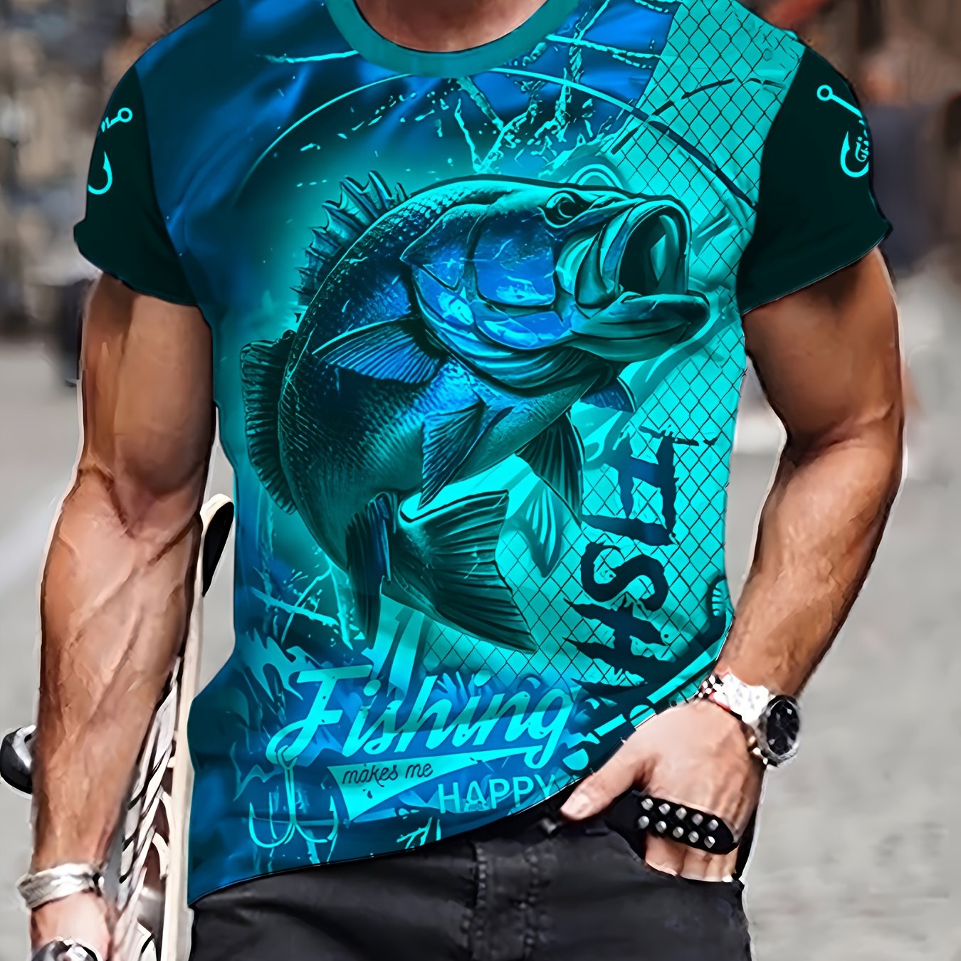 Men'S 3D Printed Fish T-Shirt | Suitable for Summer Outdoor Activities, Fishing, and Cycling | Crew Neck, Regular Fit, Slight Stretch Fabric