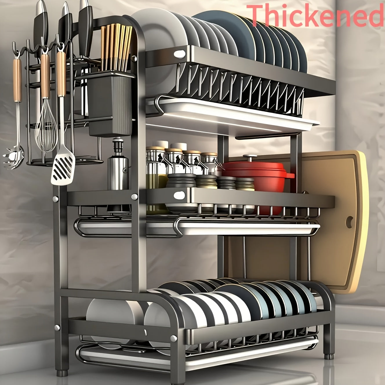 2025 Two/Three-Tier Carbon Steel Dish Rack with Drain Board, Cutlery Holder and Cup Hook - Space-Saving for Kitchen Countertop Storage - Black, No Electricity Required, Dish Drying Rack | Smooth Black Surface | Durable Kitche - The Superior Findings Depot