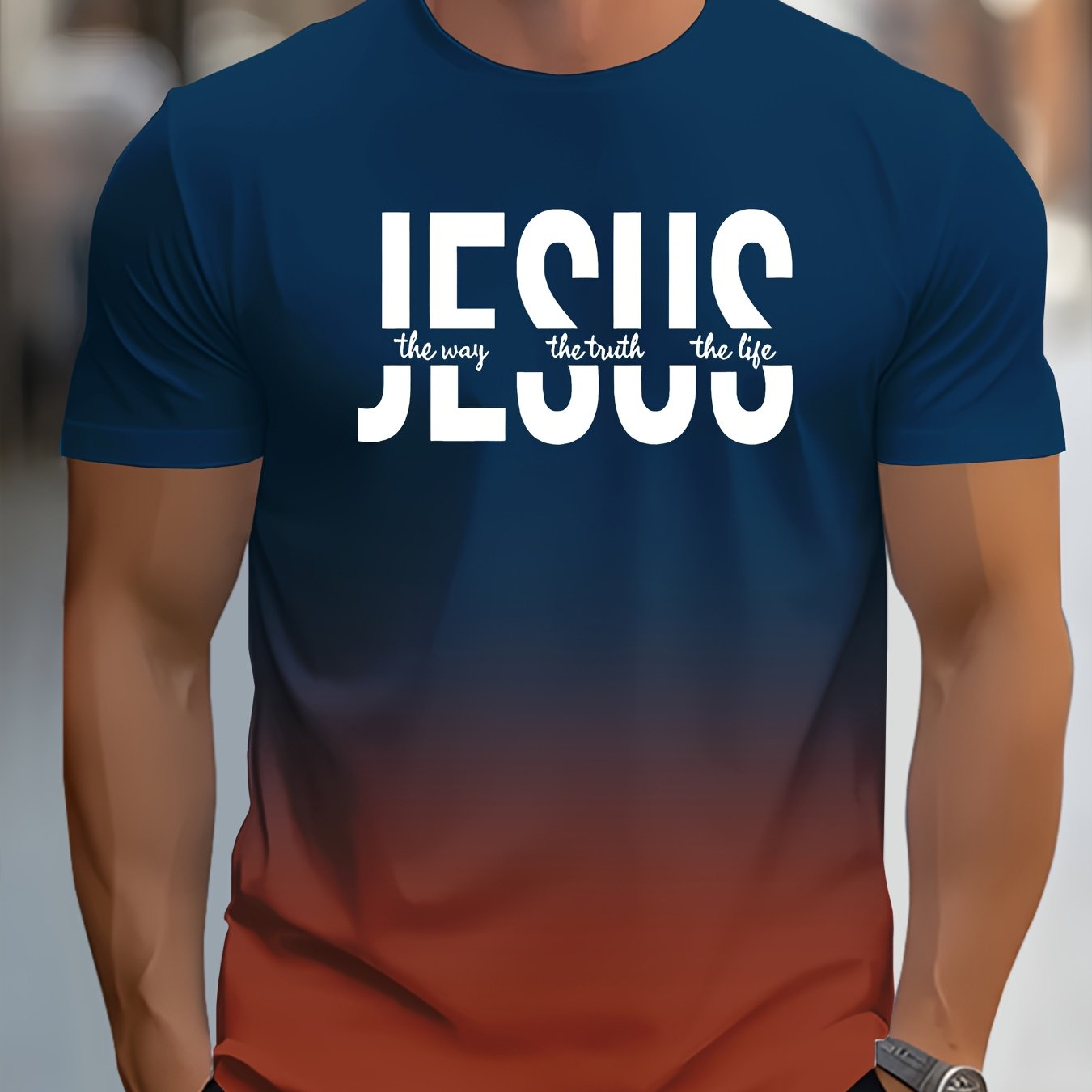 Men's Short Sleeve T-Shirt with Bold "JESUS THE WAY TRUTH LIFE" Print - Green & White Gradient Casual Round Neck Tee, Machine Washable Regular Fit Religious Graphic Top - The Superior Findings Depot