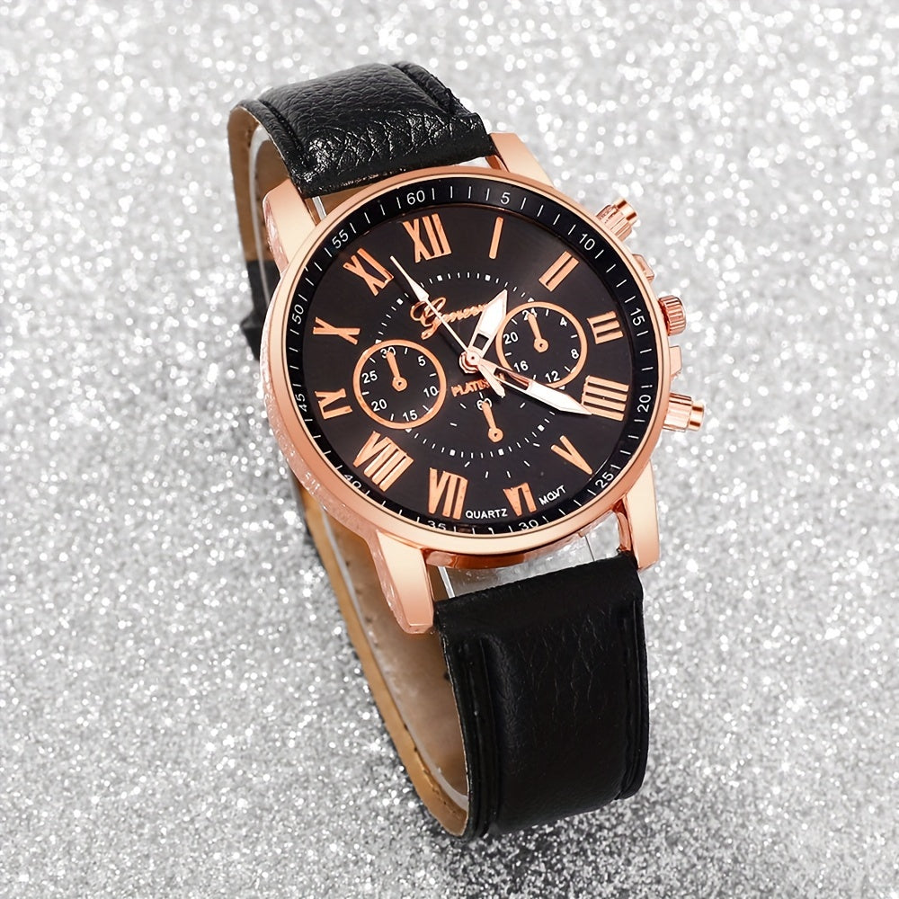 3pcs Fashionable And Simple Roman Watch Round Quartz Watch PU Leather Wrist Ideal Choice for Gifts - The Superior Findings Depot