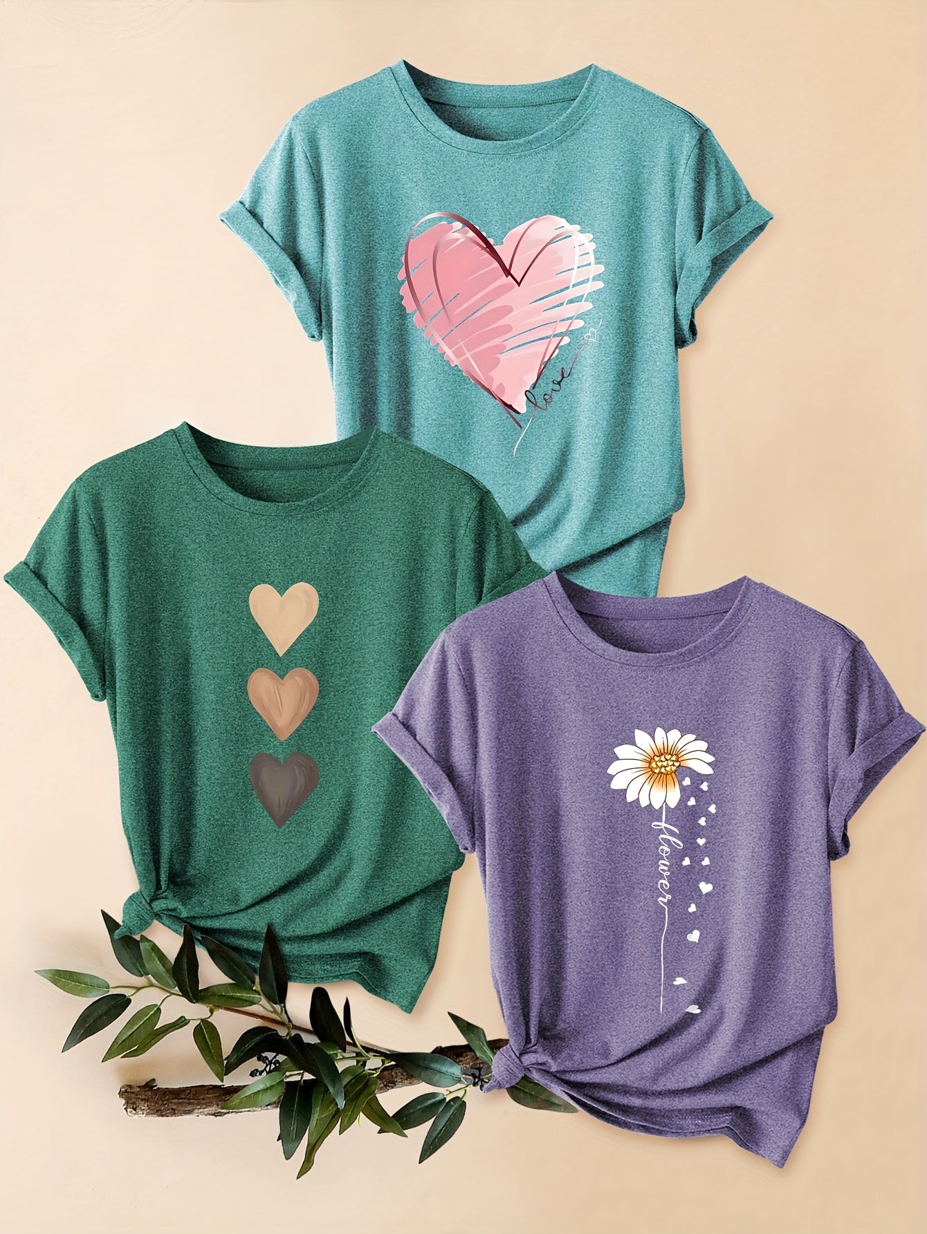 3pcs Women's Vintage-Inspired Graphic Tees - Floral & Heart Print Casual Short Sleeve T-Shirts, Soft Stretch Round Neck Tops for Spring Summer Fall,, Teal & Lavender, Seasonal Fashion, Artistic Design, Lightweight Tee, Printe - The Superior Findings Depot