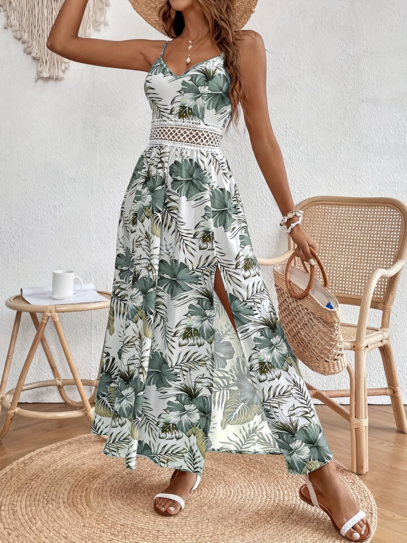 Floral Print Spaghetti Strap Dress, Elegant Sleeveless Split Dress For Spring & Summer, Women's Clothing - The Superior Findings Depot