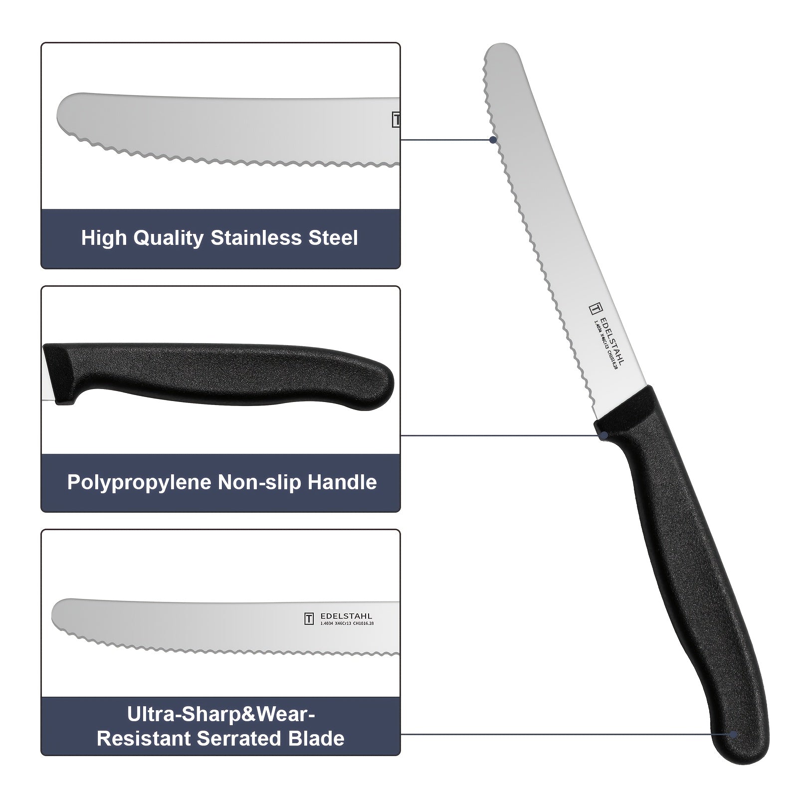 12-Piece Tomato Knife, Snack Knife, Sharp Blade, Corrugated Cut, Breakfast Knife, High Quality Stainless Steel Table Knife, Durable Bread Knife, Sharp Knife, Dishwasher Safe(Black handle) - The Superior Findings Depot