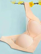 2pcs Women's Elegant Seamless Wire-Free Push Up Bra, Comfortable Breathable Ice Silky Fiber Fabric with Contrast Lace V-Neck Design for Casual Wear - The Superior Findings Depot