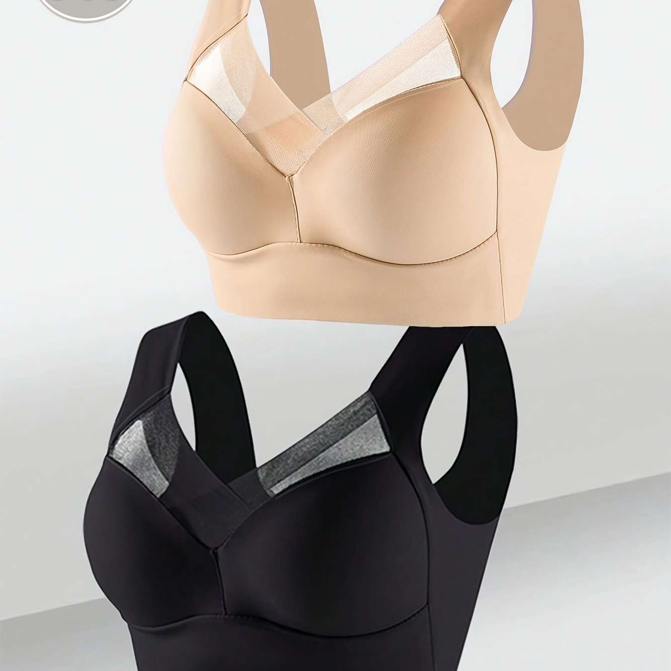 2pcs Women's Elegant Seamless Wire-Free Push Up Bra, Comfortable Breathable Ice Silky Fiber Fabric with Contrast Lace V-Neck Design for Casual Wear - The Superior Findings Depot