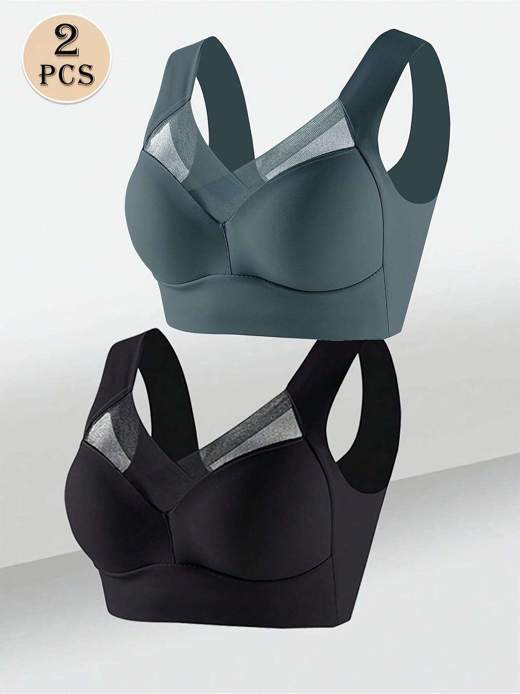 2pcs Women's Elegant Seamless Wire-Free Push Up Bra, Comfortable Breathable Ice Silky Fiber Fabric with Contrast Lace V-Neck Design for Casual Wear - The Superior Findings Depot