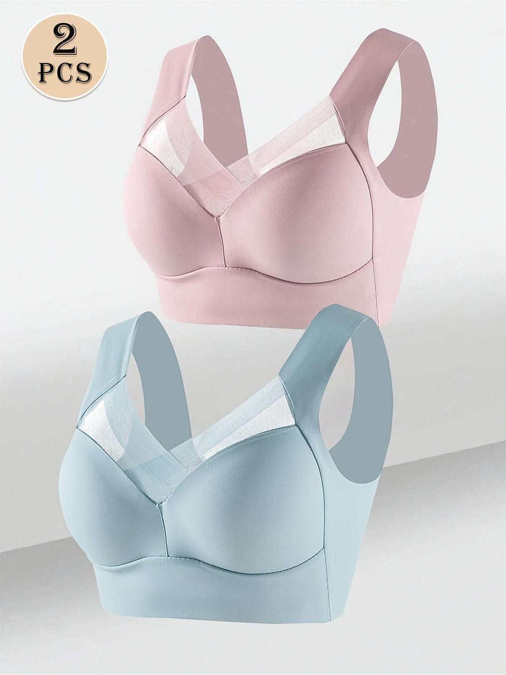 2pcs Women's Elegant Seamless Wire-Free Push Up Bra, Comfortable Breathable Ice Silky Fiber Fabric with Contrast Lace V-Neck Design for Casual Wear - The Superior Findings Depot