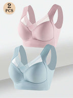 2pcs Women's Elegant Seamless Wire-Free Push Up Bra, Comfortable Breathable Ice Silky Fiber Fabric with Contrast Lace V-Neck Design for Casual Wear - The Superior Findings Depot