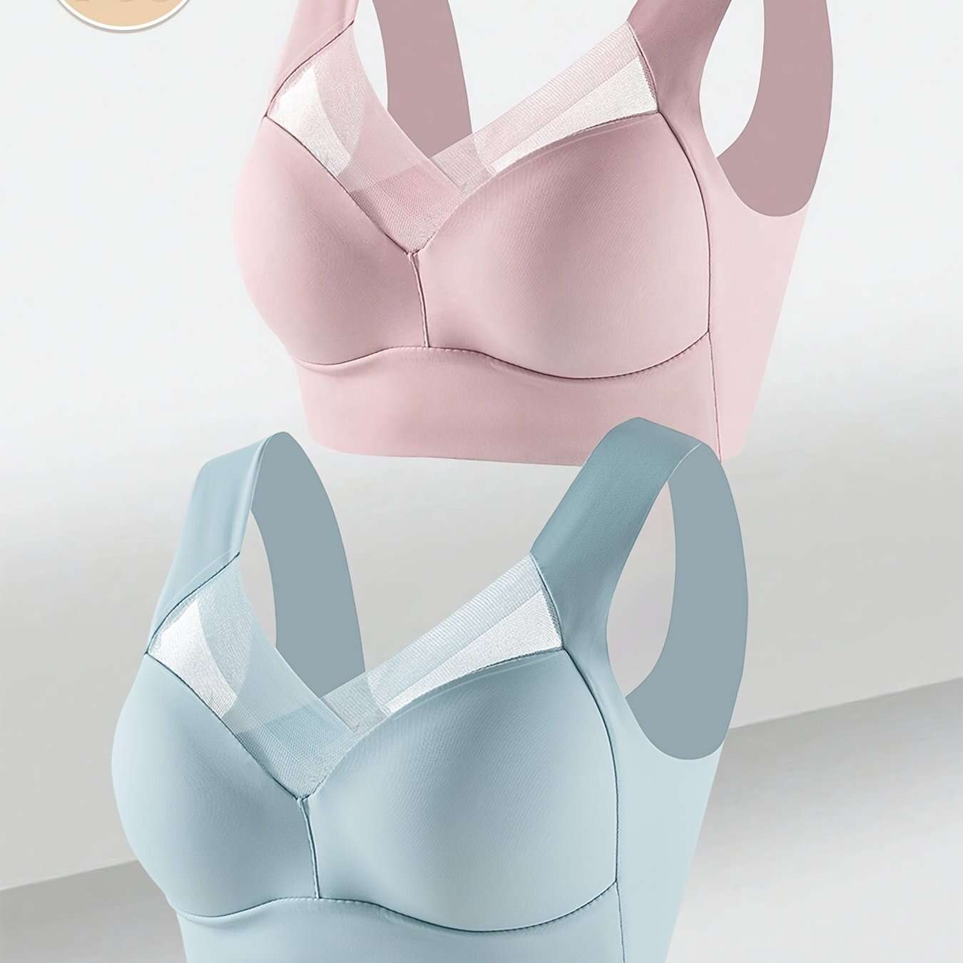 2pcs Women's Elegant Seamless Wire-Free Push Up Bra, Comfortable Breathable Ice Silky Fiber Fabric with Contrast Lace V-Neck Design for Casual Wear - The Superior Findings Depot