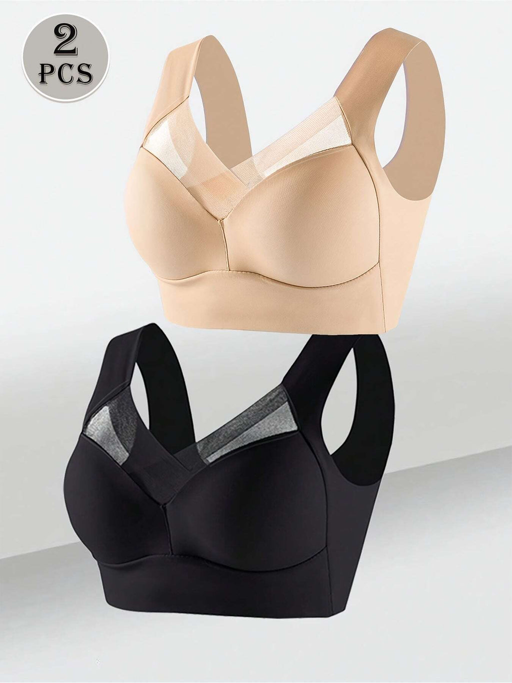 2pcs Women's Elegant Seamless Wire-Free Push Up Bra, Comfortable Breathable Ice Silky Fiber Fabric with Contrast Lace V-Neck Design for Casual Wear - The Superior Findings Depot