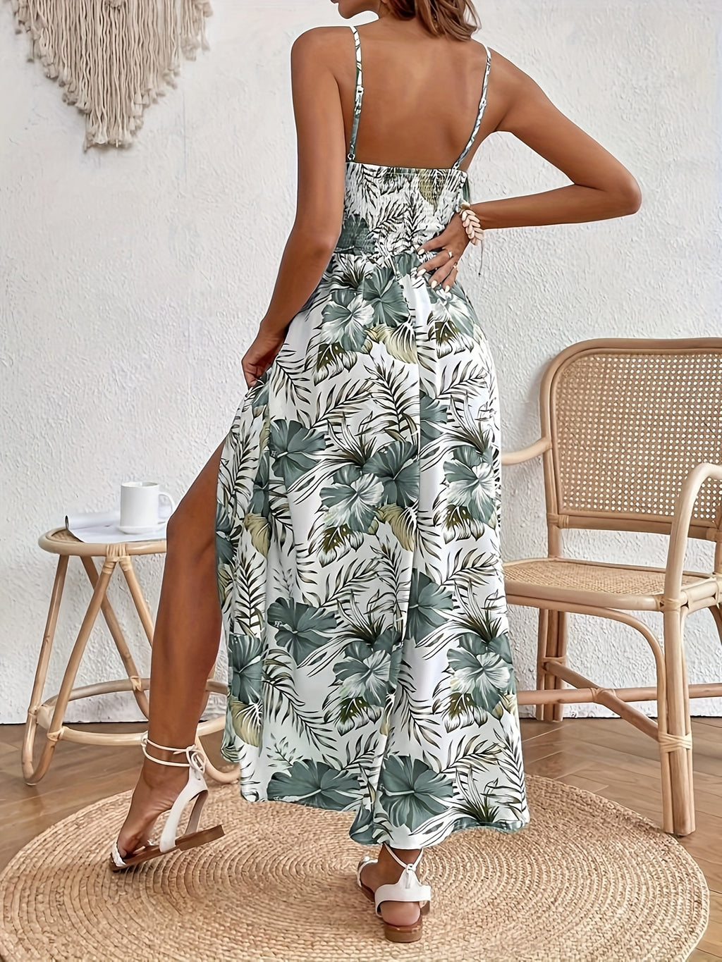 Floral Print Spaghetti Strap Dress, Elegant Sleeveless Split Dress For Spring & Summer, Women's Clothing - The Superior Findings Depot