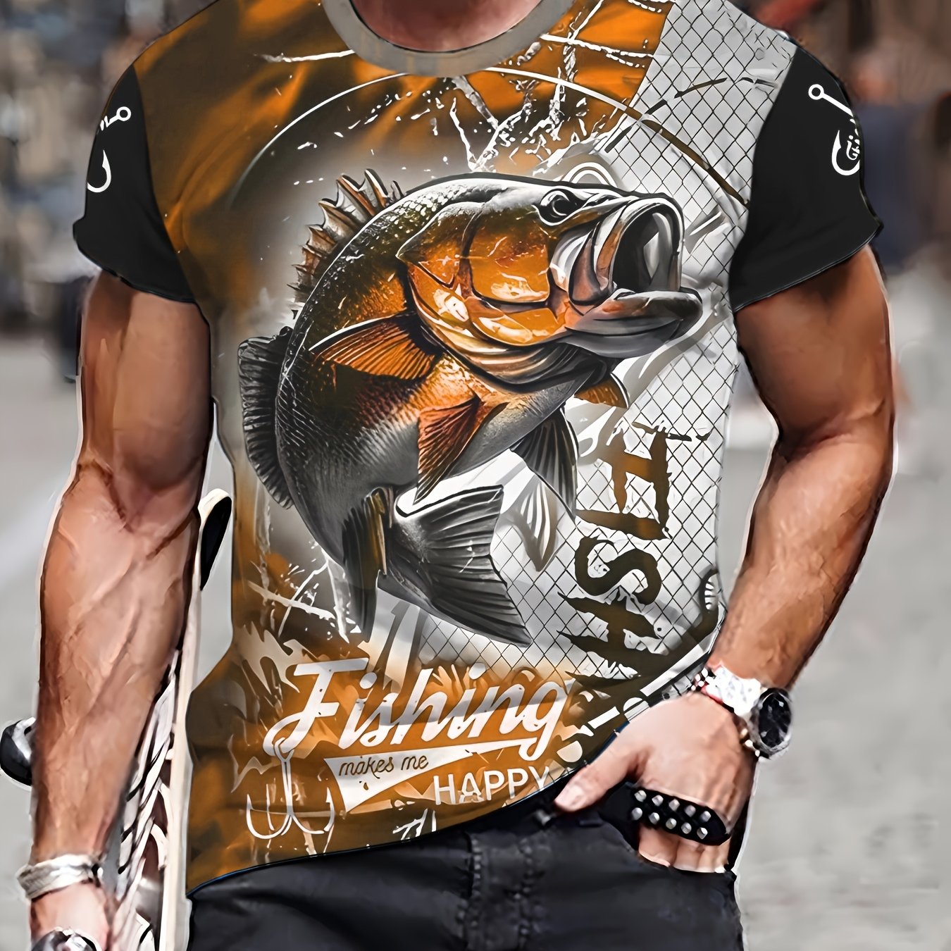 Men'S 3D Printed Fish T-Shirt | Suitable for Summer Outdoor Activities, Fishing, and Cycling | Crew Neck, Regular Fit, Slight Stretch Fabric