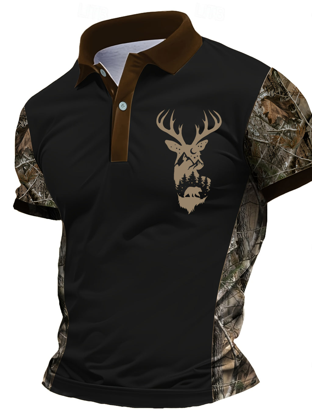 Men's Camouflage Sleeve Shirt - Khaki Base with Elk Print