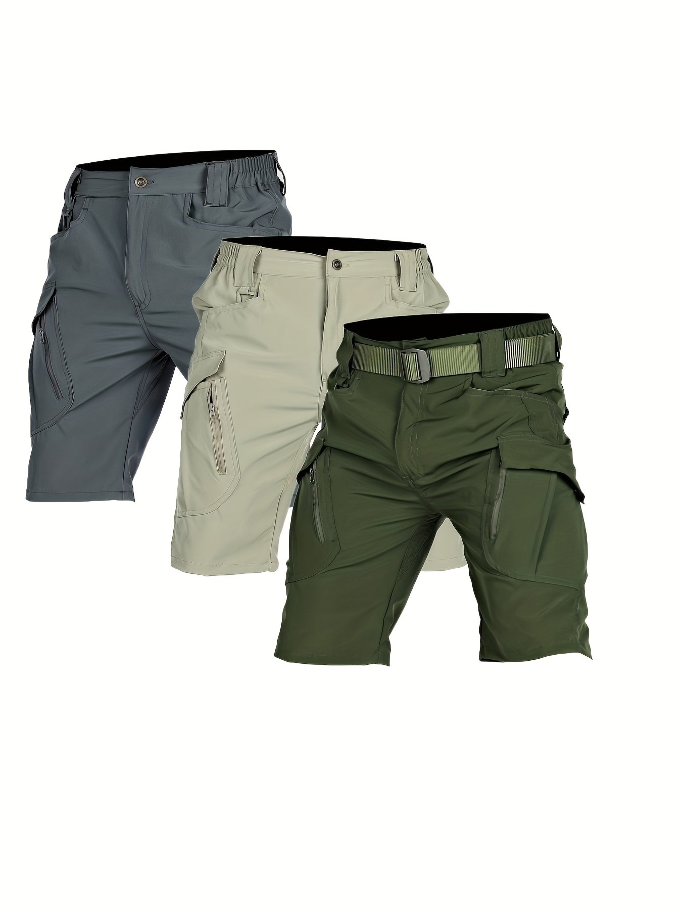 3pcs Men'S Quick-Dry Lightweight Breathable Elastic Waist Tactical Shorts - Summer Outdoor Casual Shorts with Multiple Pockets for Hiking, Running & Training, No Belt Needed, Solid Colors (Olive/Charcoal/Beige), Hiking Shorts - The Superior Findings Depot