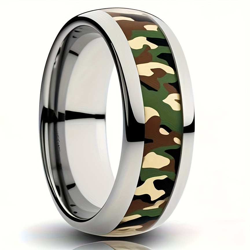 Men's Camo Stainless Steel Wedding Band - 8mm Green & Black