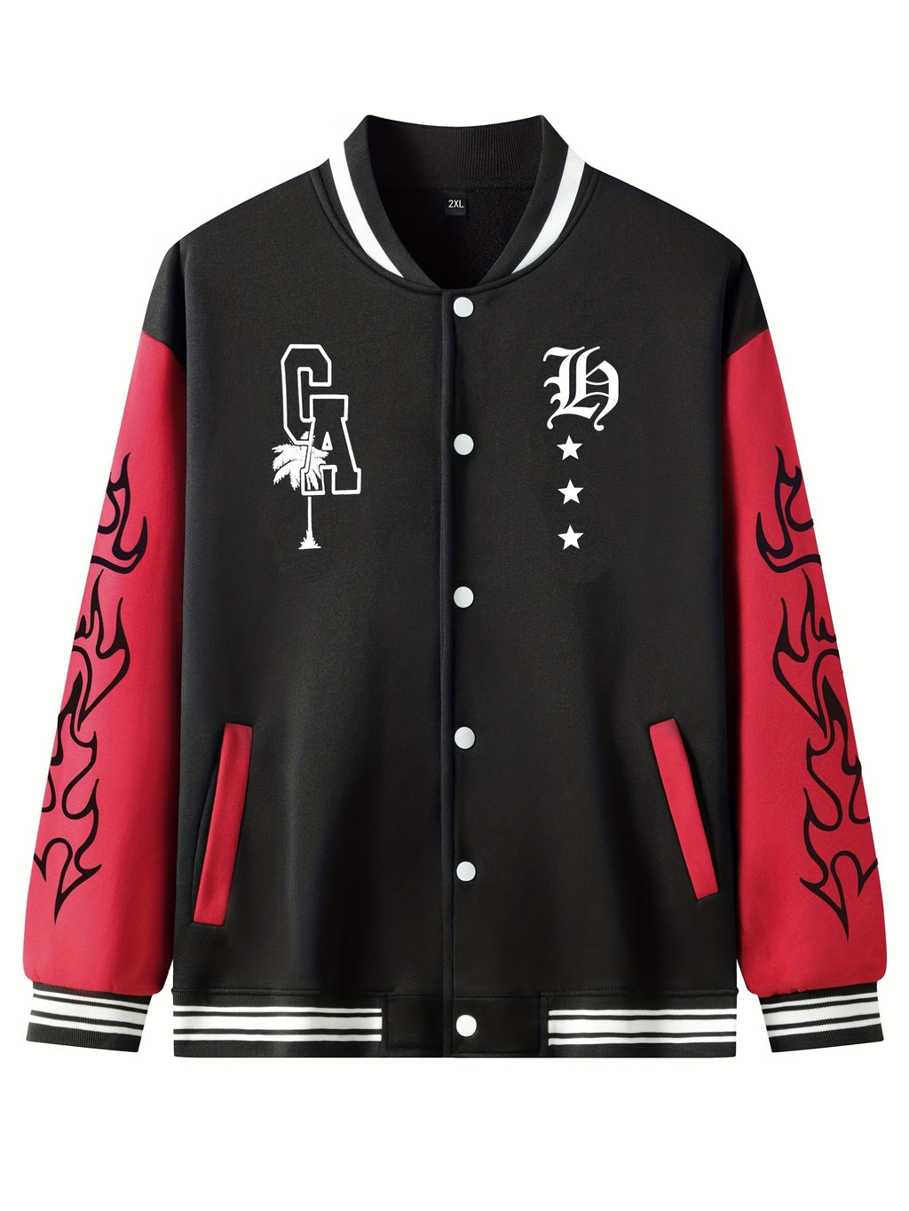 Warm Letter Print Star Pattern Embroidery Varsity Jacket, Men's Casual Color Block Button Up Jacket For Spring Fall School Baseball - The Superior Findings Depot