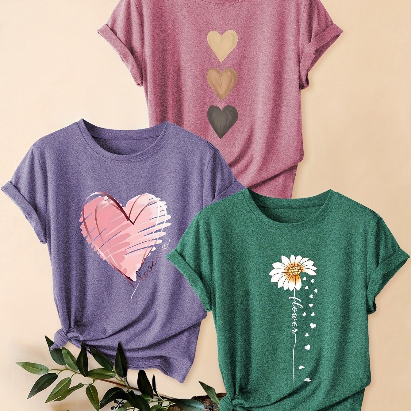 3pcs Women's Vintage-Inspired Graphic Tees - Floral & Heart Print Casual Short Sleeve T-Shirts, Soft Stretch Round Neck Tops for Spring Summer Fall,, Teal & Lavender, Seasonal Fashion, Artistic Design, Lightweight Tee, Printe - The Superior Findings Depot