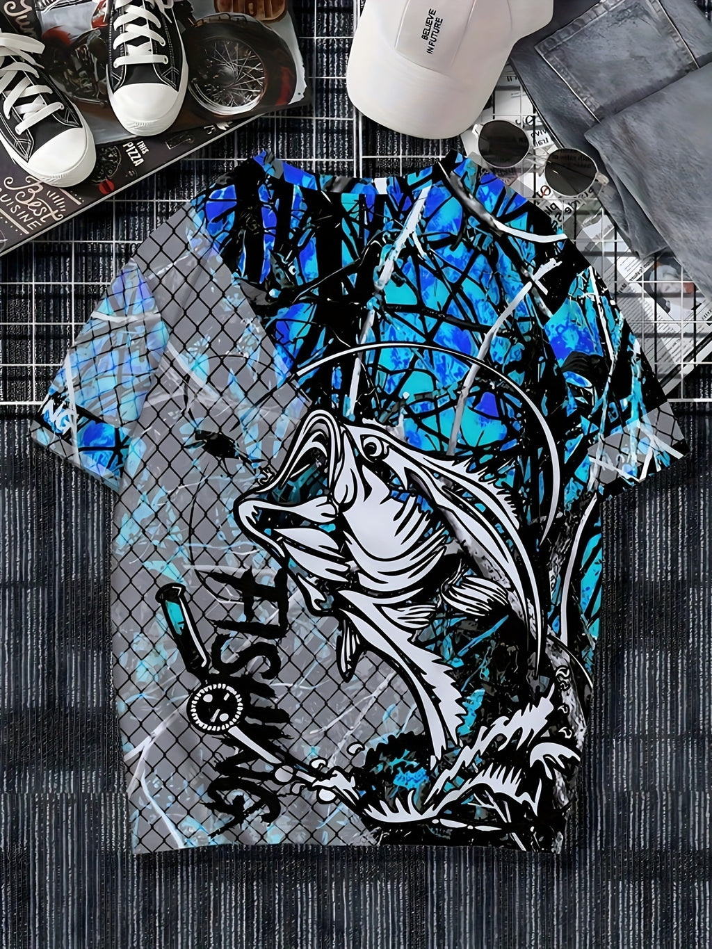 Men's Fashion Casual Crew Neck 3D Fishing Print T-Shirt, 100% Polyester Knit Fabric, Casual Style with Slight Stretch, Regular Fit Animal Pattern Tee