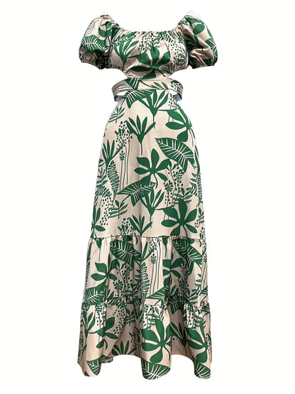 Print Maxi Dress for Women - Chic Summer Commuter Style with Ruffle Hem and Tie Detail, Breathable Polyester, Machine Washable, Summer Commuter Wear|Split Sleeve Dress|Glossy Fabric, Casual Summer Dresses