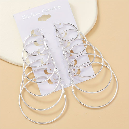 6 Pairs Big Circle Exaggerated Hoop Earrings - Elegant Minimalist Stainless Steel Silver Plated Statement Jewelry with Comfortable Wear - Ideal Female Gift for Any Occasion