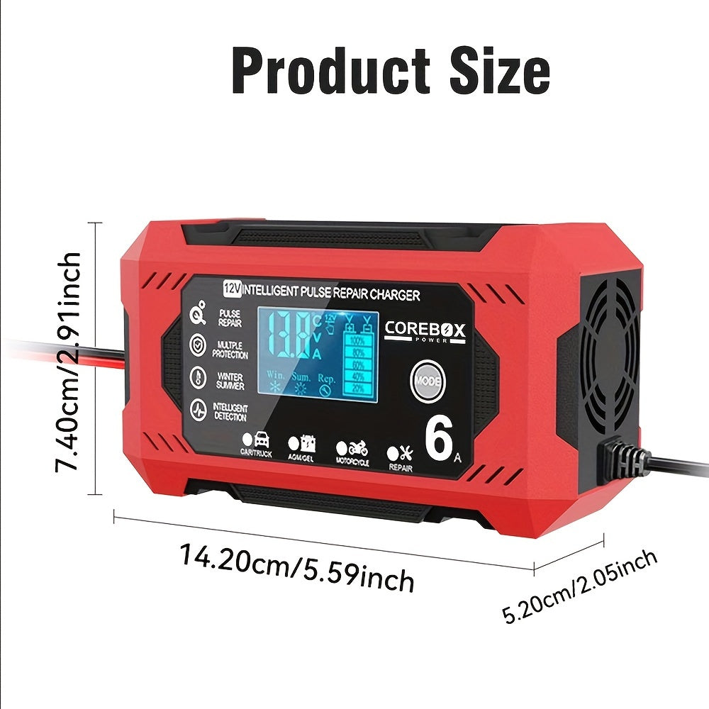 COREBOX 12V 6A Smart Battery Charger with LCD Display, 12V 6A Fast/Trickle Charger, Overcharge/Overheat/Short Circuit/Reverse Polarity, Automatic Switch Mode, Microprocessor Controlled, Compatible with AGM/GEL/SLA/Wet/EFB, 4- - The Superior Findings Depot