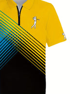 [Neon Polo Shirt] Neon Color Block 3D Digital Print Men's Summer Short Sleeve Polo Shirt | Casual Style, Regular Fit, 100% Polyester, Half Placket, Zipper Detail, Slight Stretch, 150g/m² - Yellow/Blue/Black