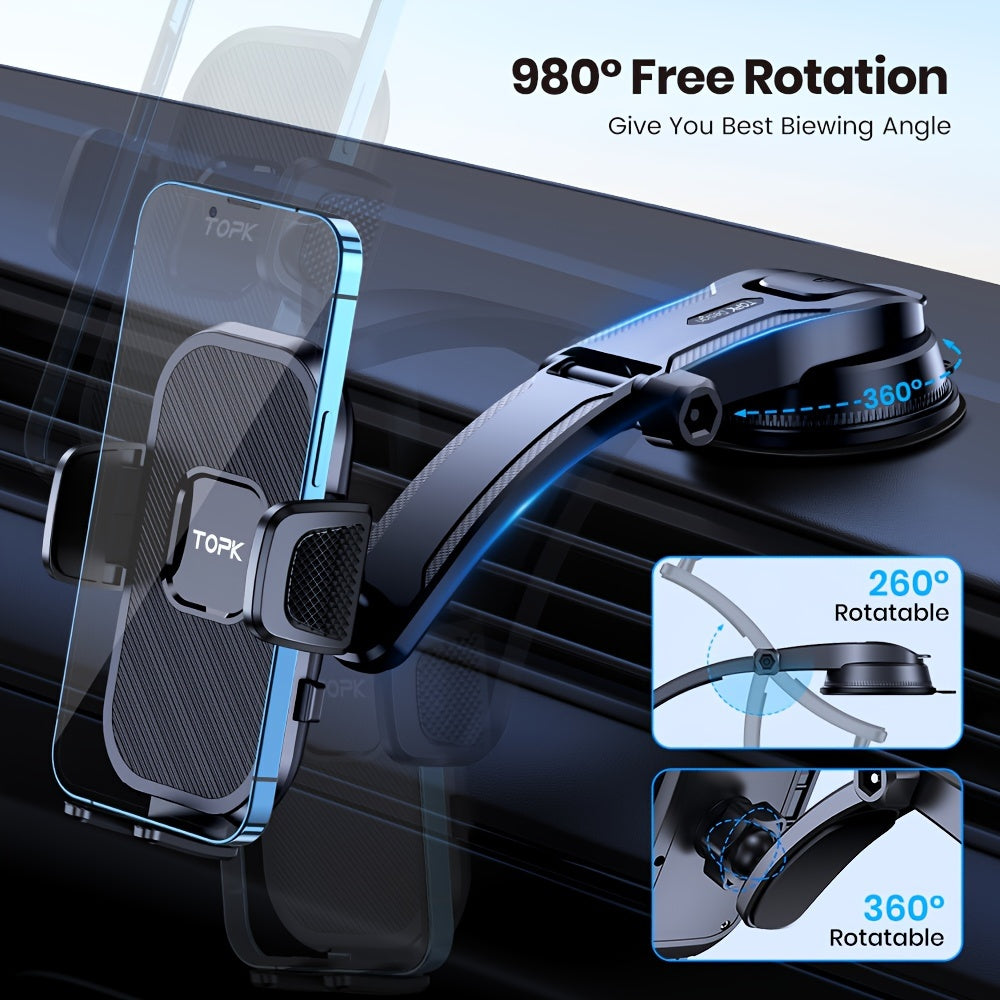 D38-C Car Phone Holder Mount by TOPK, Enhanced Adjustable Cell Phone Holder for Car Dashboard, Works with All Phones in Both Horizontal And Vertical Positions - The Superior Findings Depot