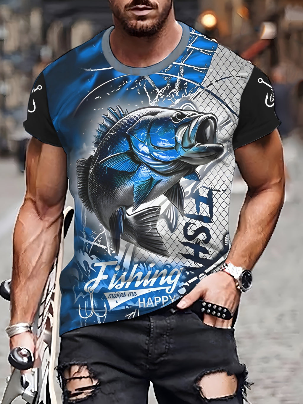 Men'S 3D Printed Fish T-Shirt | Suitable for Summer Outdoor Activities, Fishing, and Cycling | Crew Neck, Regular Fit, Slight Stretch Fabric