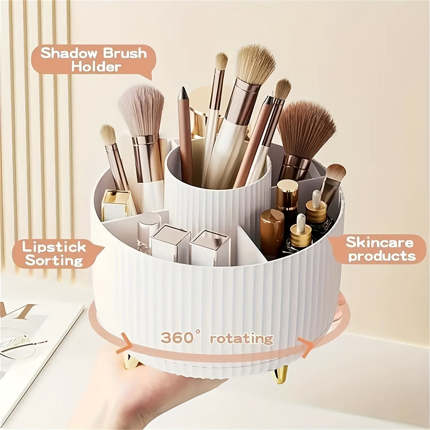 [5-Tier Rotating Organizer] 1pc ABERZEY 360° Rotating Makeup Organizer with 5-Tier Compartments - 360° Spinning Cosmetic & Desk Caddy, Durable Plastic White & Luxury Stripe Storage for Brushes, Lipsticks, Skincare, Statione - The Superior Findings Depot
