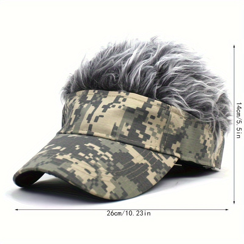 Sporty Camo Baseball Cap with Built-In Wig - Hip Hop Style
