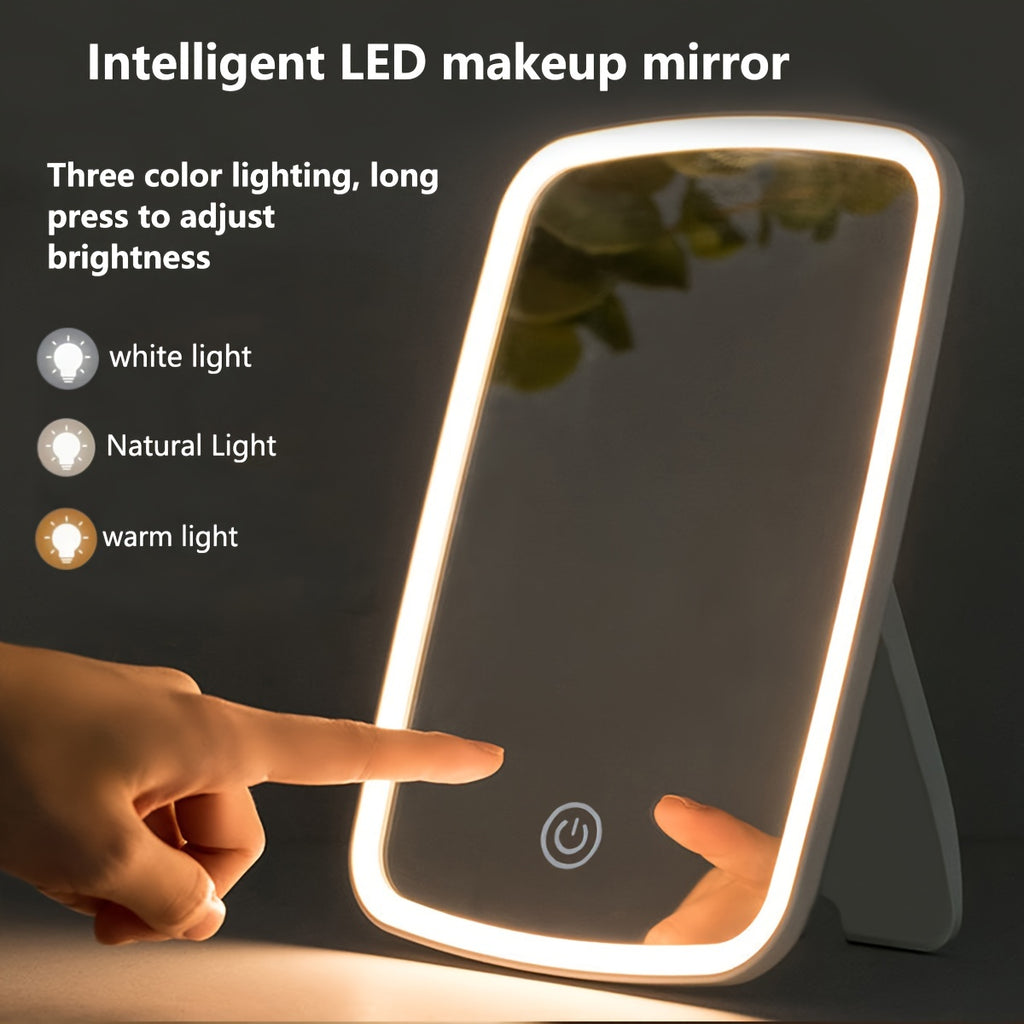 1pc LED Makeup Mirror with 3-Color Lighting (White/Natural/Warm Light), Adjustable Brightness, Touch Switch, USB Rechargeable, Portable Foldable Design, Polished Glass Surface & Floral Theme - Compact Travel-Friendly Vanity M - The Superior Findings Depot