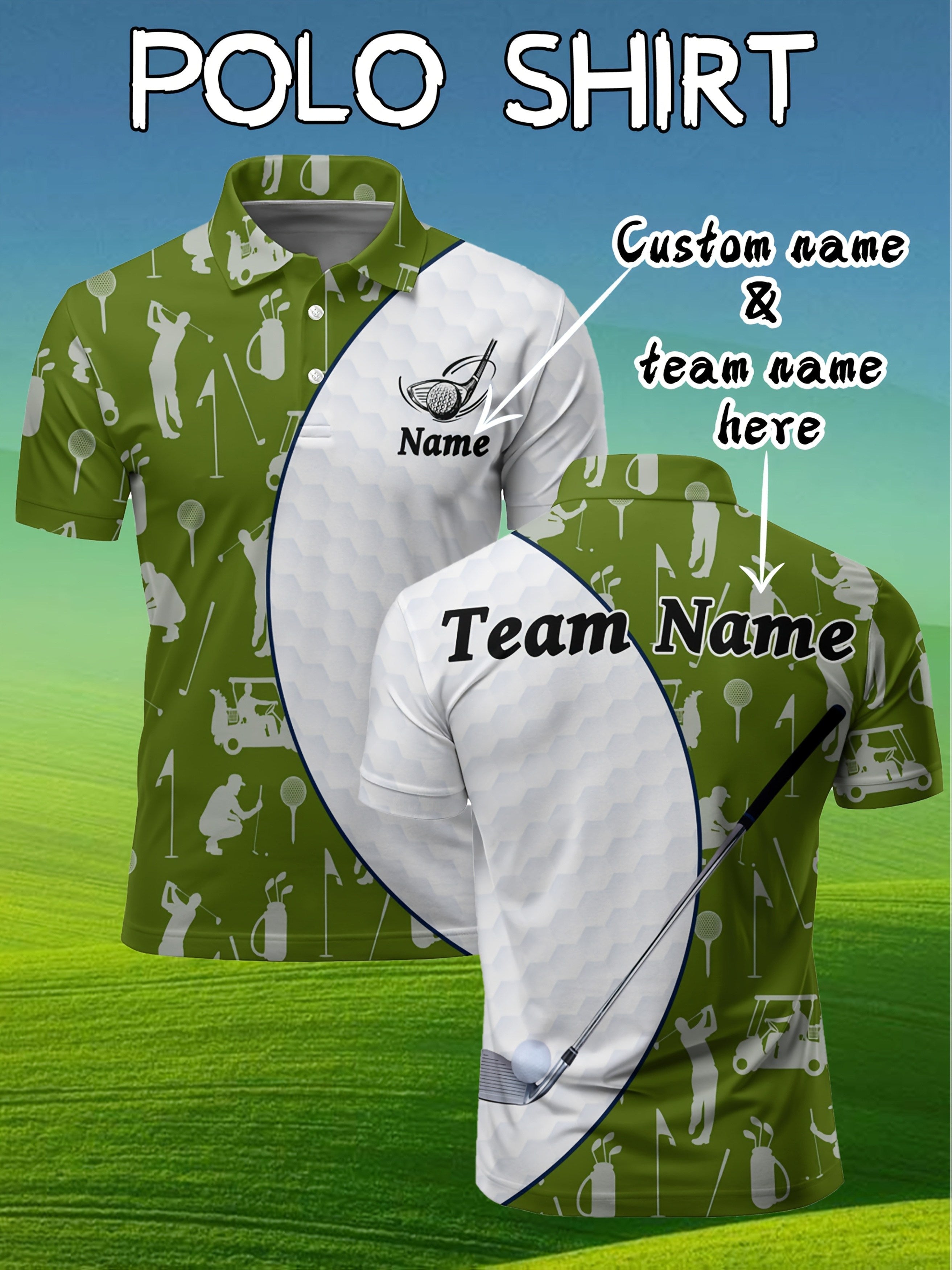 Customizable Men's Golf Polo Shirt - Golf Ball & Club Print