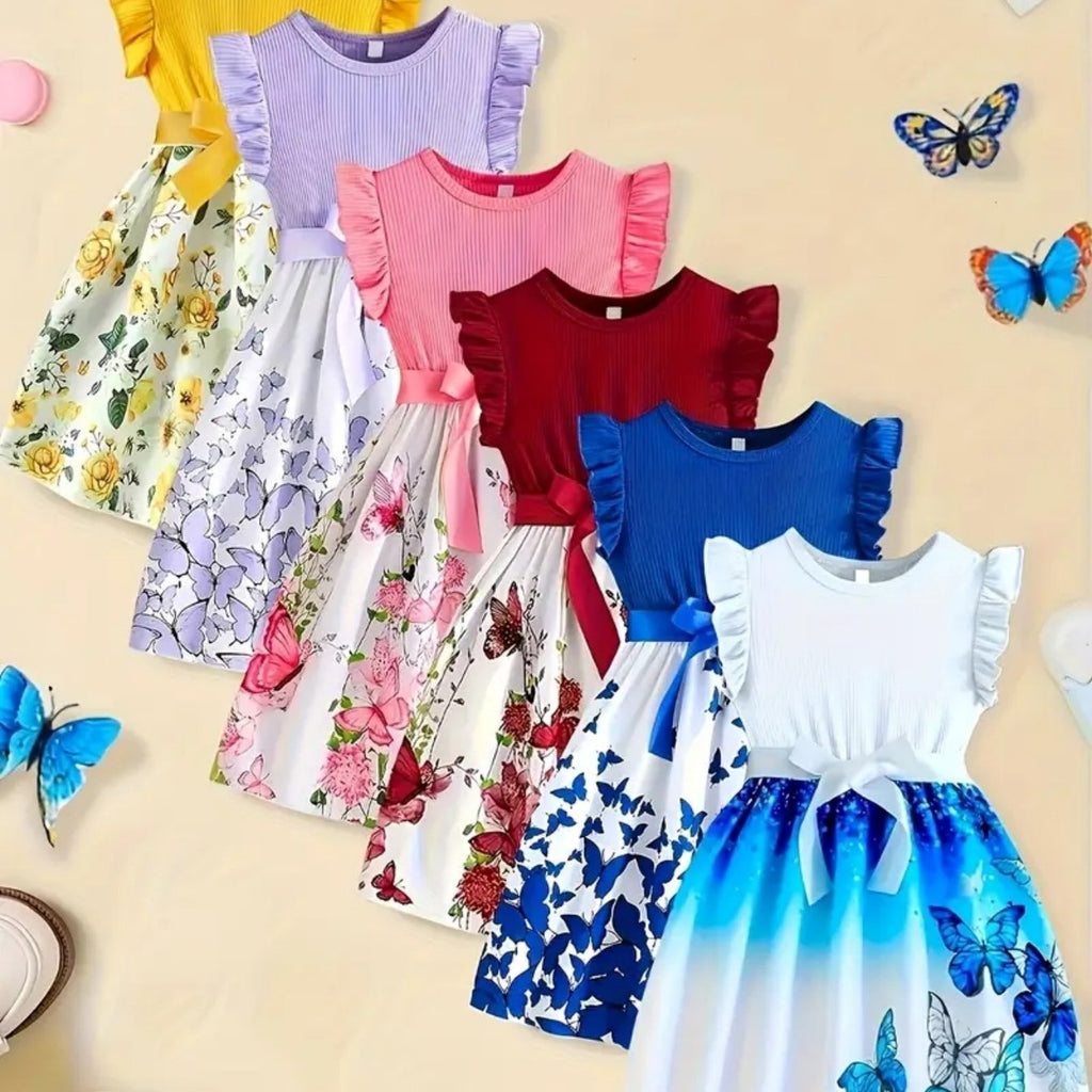 Girls' Cute Butterfly & Floral Print Princess Dress - 5 Styles Random
