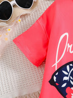 2pcs Girls' Clothing Party Slogan Large Glasses Print Pattern Drop Shoulder Irregular Hem Design Loose Short Sleeve T-Shirt + Floral Print Skinny Nine-Tenths Bottoms Set Girls' Summer Outfit Holiday Gift Girls' Fashion Casual - The Superior Findings Depot