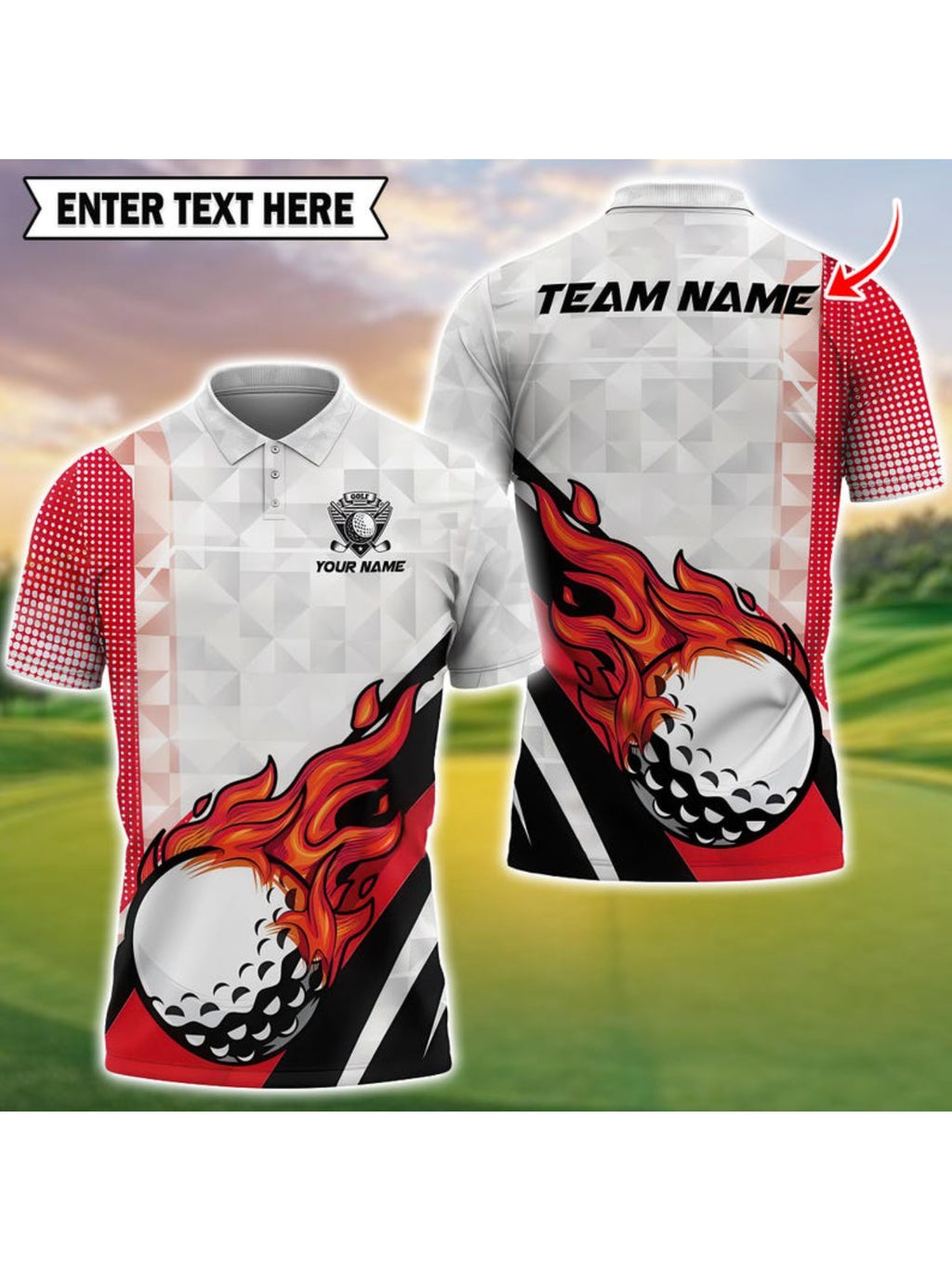 Men's Custom Golf Shirt - Blue & Black Flame with Golf Ball Accent