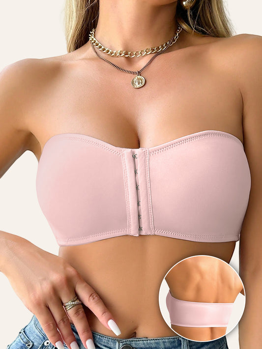 Women's Strapless T-Shirt Bra – Front Clasp & 6-Row Zipper, Seamless, No Underwire, Removable Pads, High-Elastic Soft Pink – Full Coverage for Yoga, Gym & Casual Wear